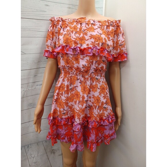 Jessica Simpson Pink Orange Off Shoulder Dress Sz XS Amelia Ruffles - Picture 1 of 11